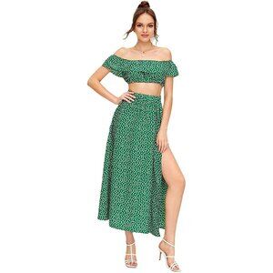 Set: Green Floral Ruffle Sleeve Crop Top + High Waist Maxi Skirt w/Slit Size